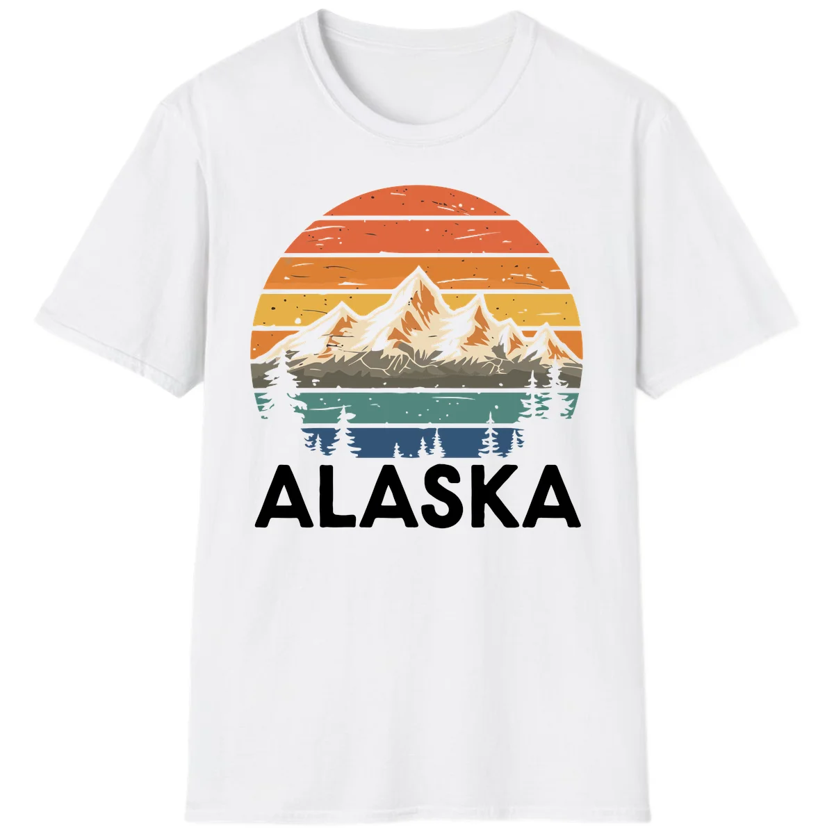 Retro layered landscape illustration of snow-capped Alaska mountains against warm sunset sky with forest silhouettes and pine trees below in White