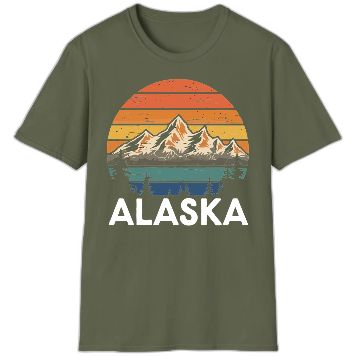 Retro layered landscape illustration of snow-capped Alaska mountains against warm sunset sky with forest silhouettes and pine trees below in Military Green
