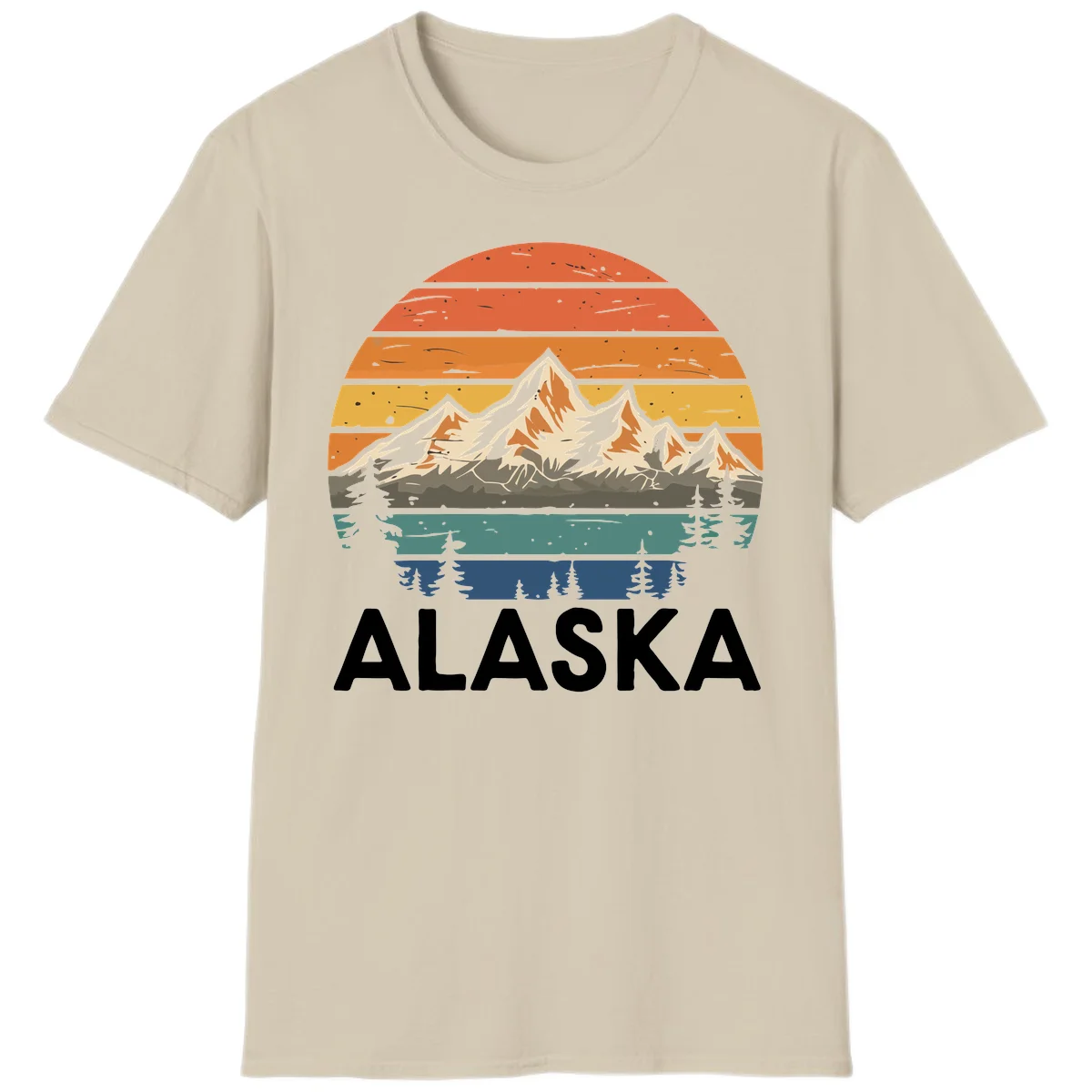 Retro layered landscape illustration of snow-capped Alaska mountains against warm sunset sky with forest silhouettes and pine trees below in Sand