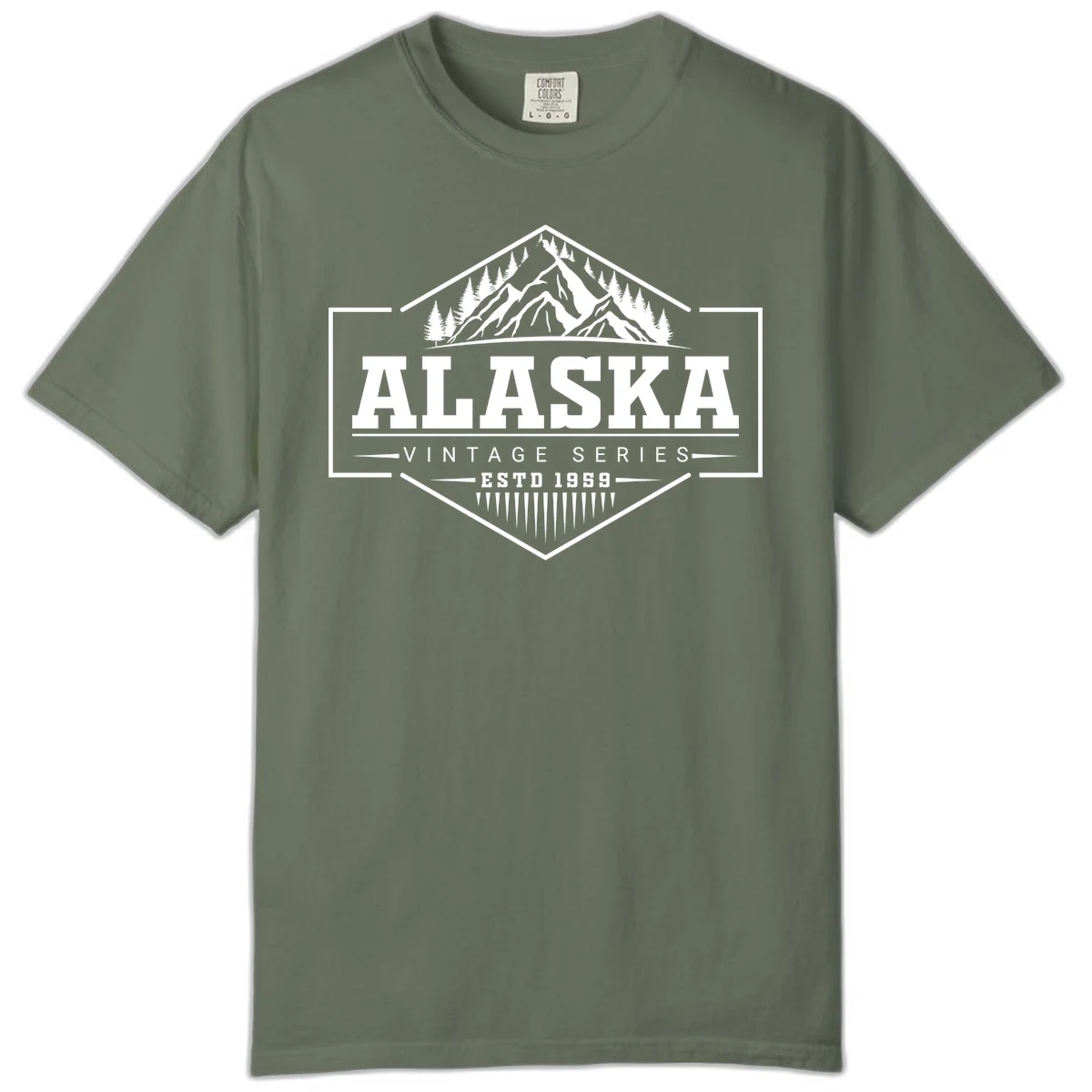Alaska vintage mountain badge design with snow peaks, evergreen trees, and retro hexagonal patch styling in Moss