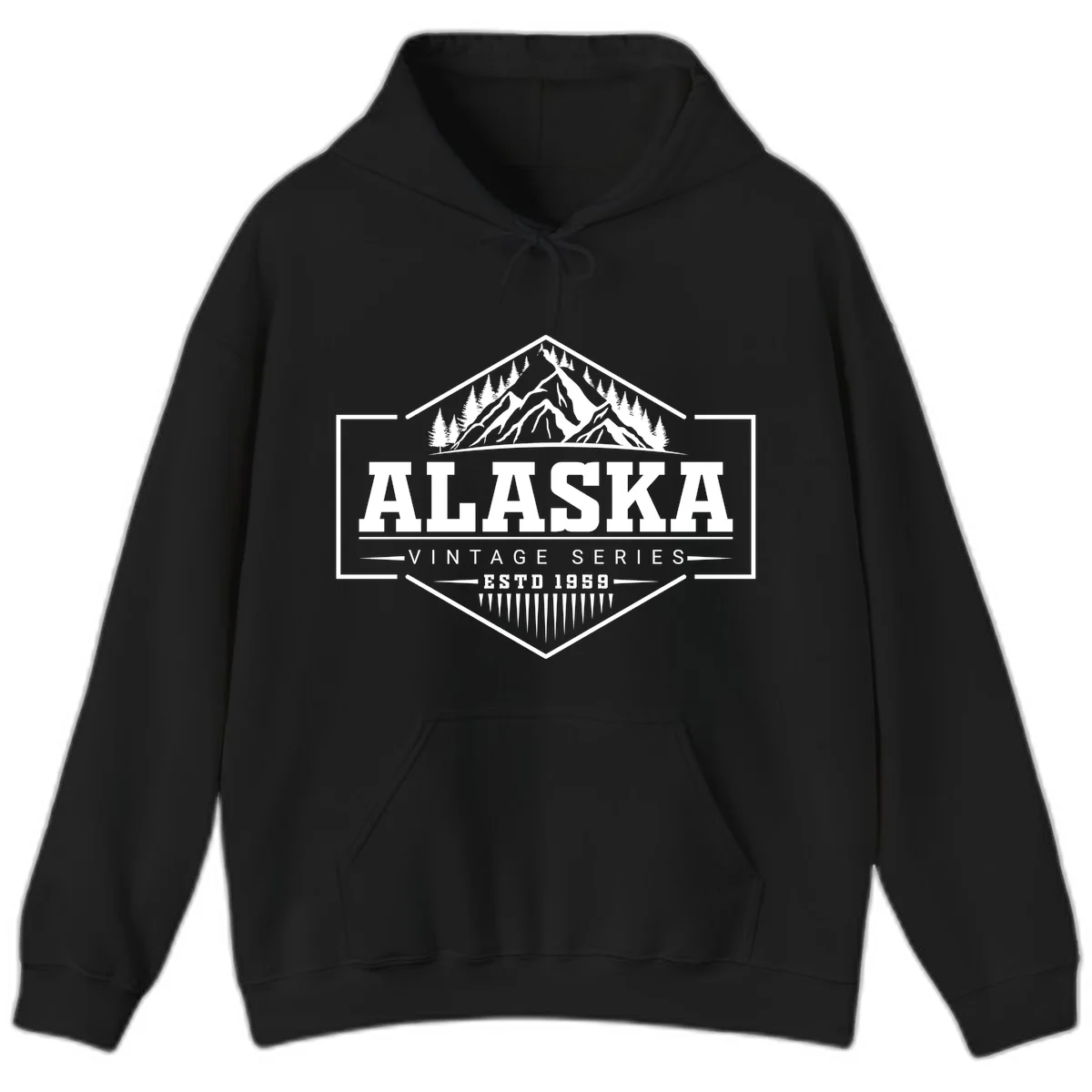 Alaska vintage mountain badge design with snow peaks, evergreen trees, and retro hexagonal patch styling in Black