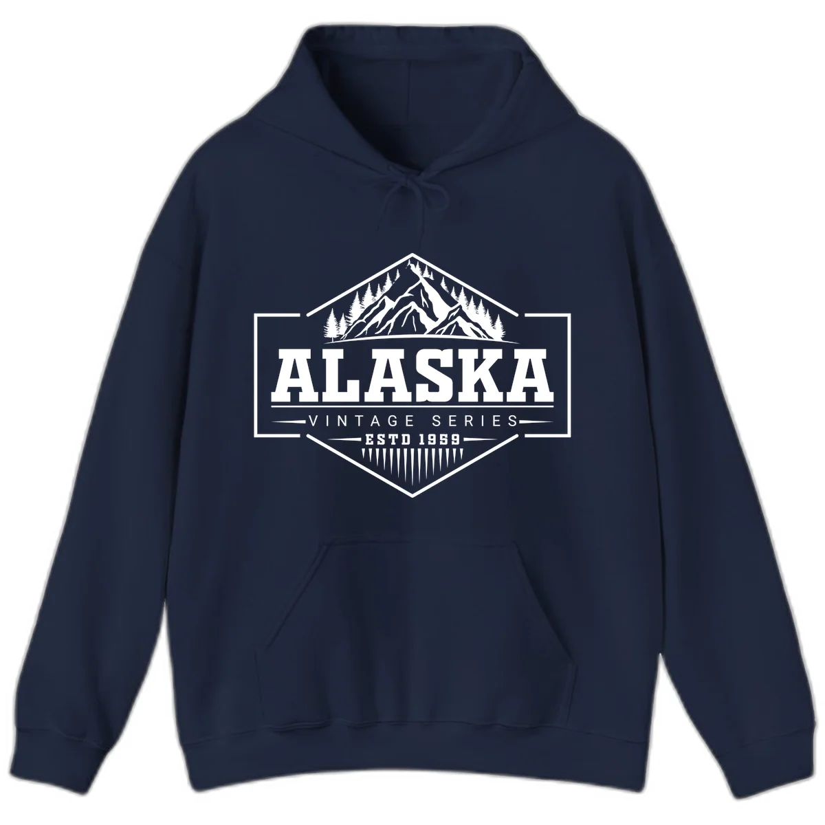 Alaska vintage mountain badge design with snow peaks, evergreen trees, and retro hexagonal patch styling in Navy