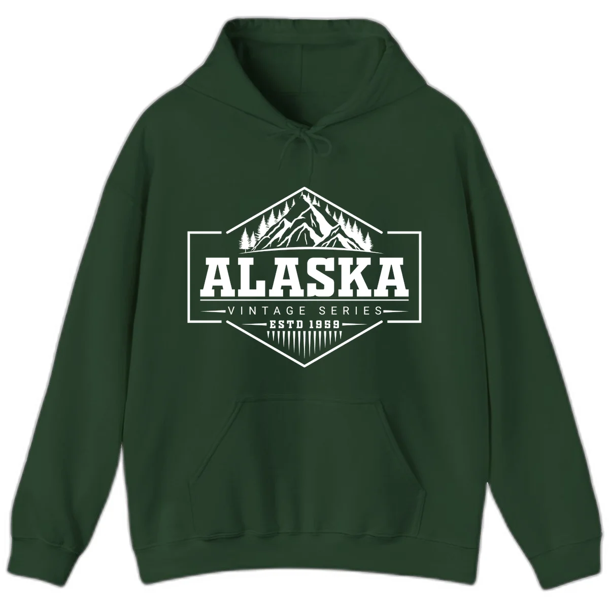 Alaska vintage mountain badge design with snow peaks, evergreen trees, and retro hexagonal patch styling in Forest Green
