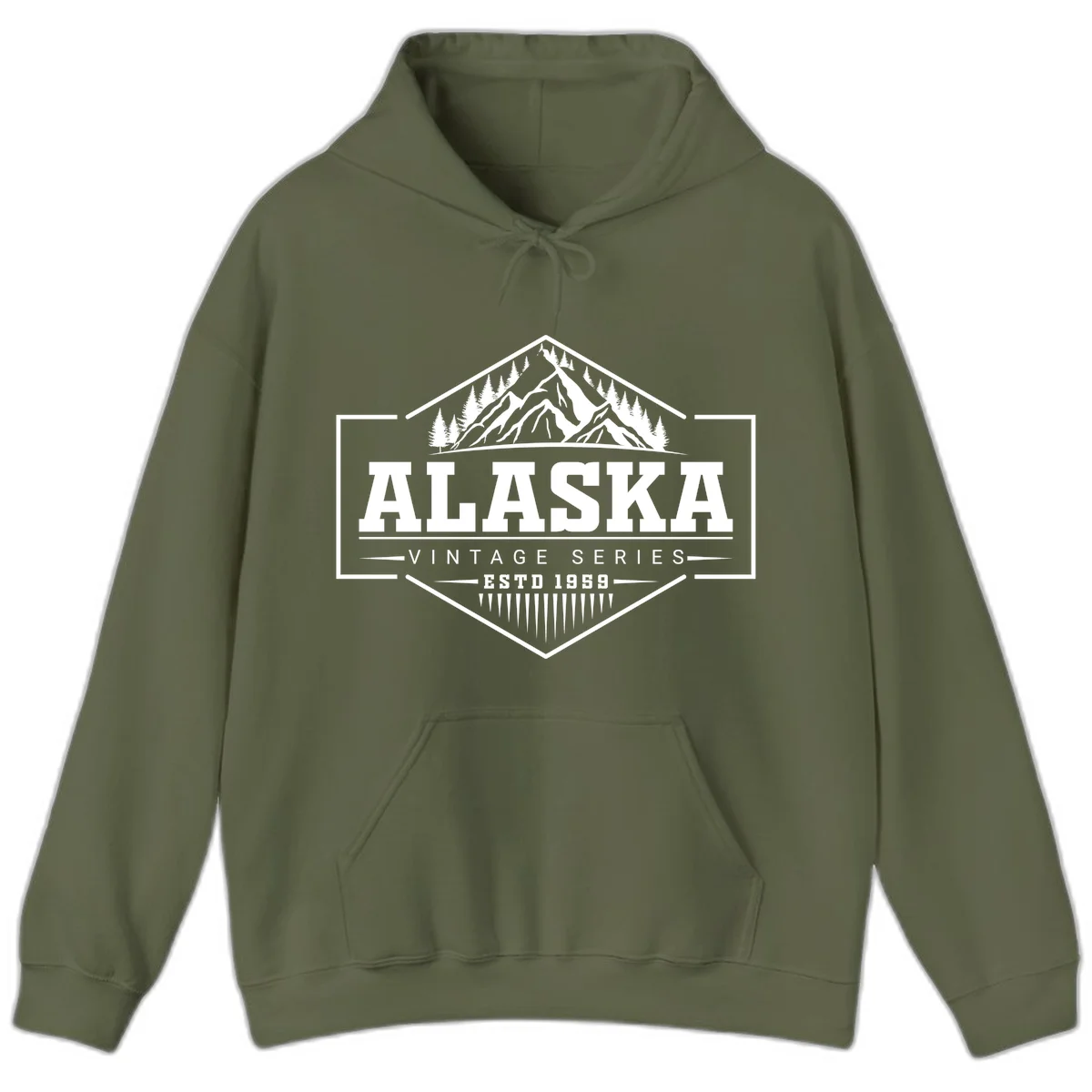 Alaska vintage mountain badge design with snow peaks, evergreen trees, and retro hexagonal patch styling in Military Green