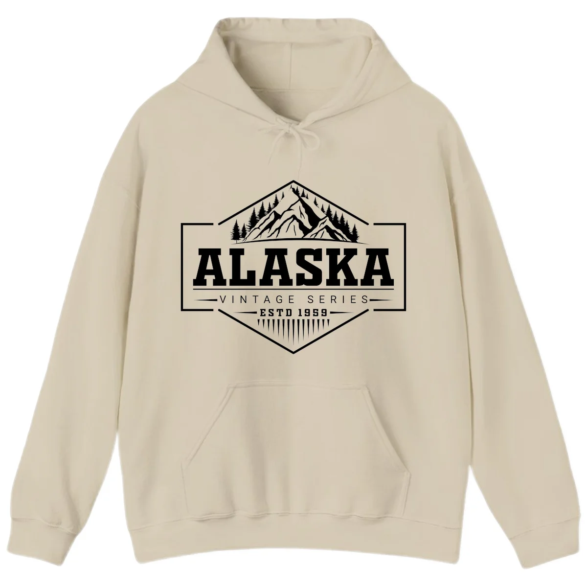 Alaska vintage mountain badge design with snow peaks, evergreen trees, and retro hexagonal patch styling in Sand