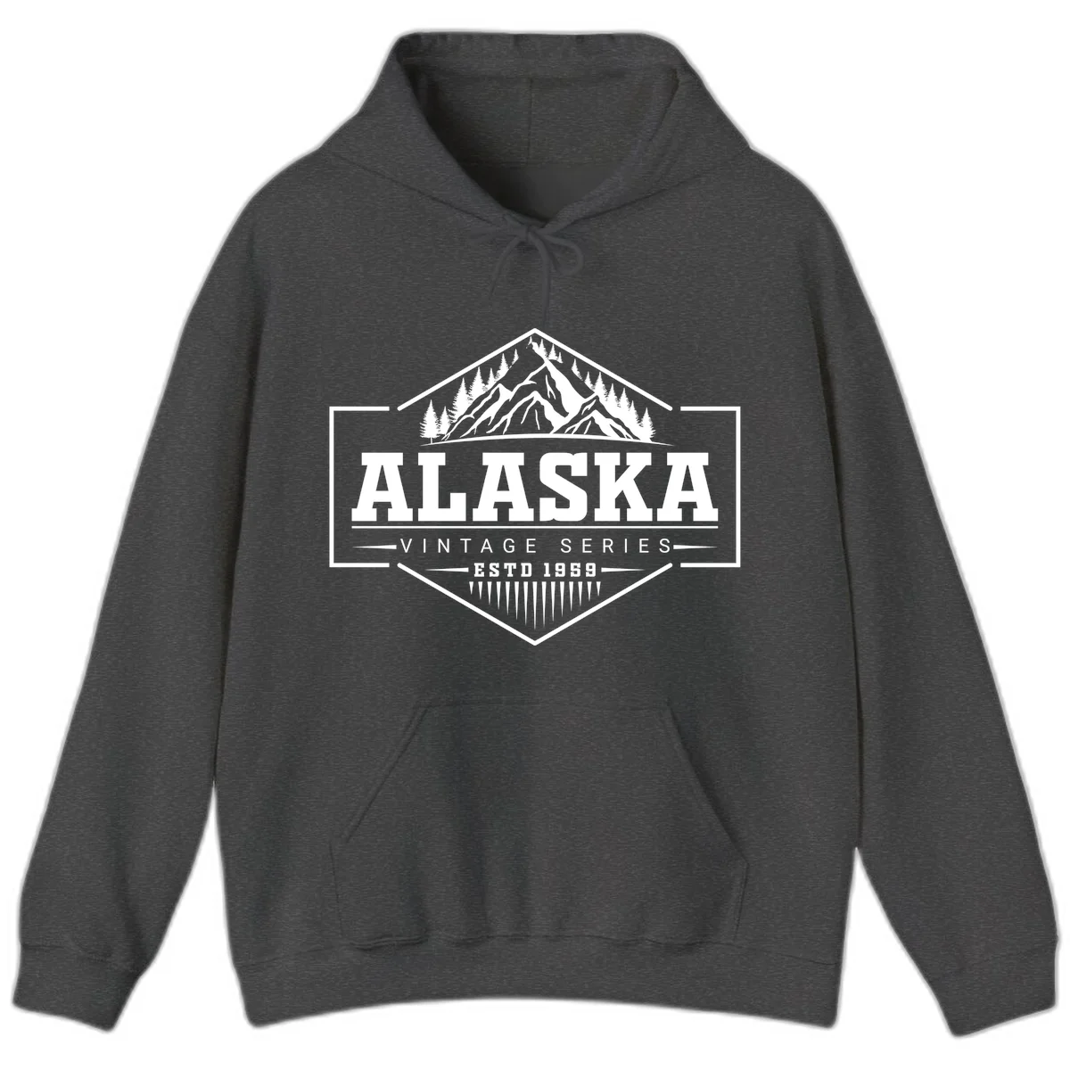 Alaska vintage mountain badge design with snow peaks, evergreen trees, and retro hexagonal patch styling in Dark Heather