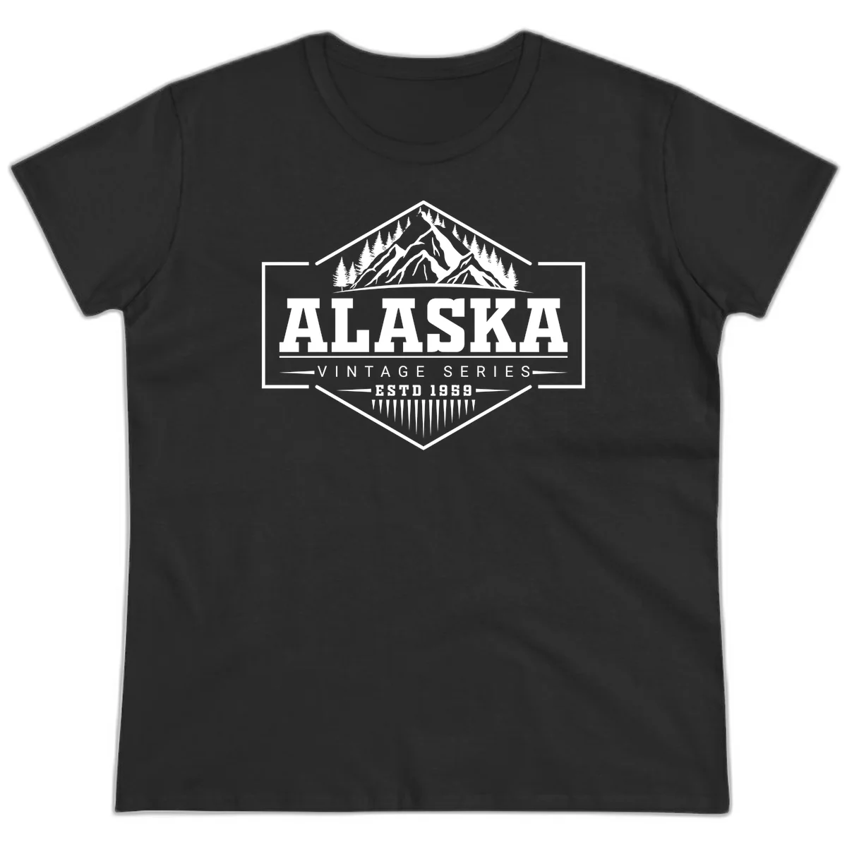 Alaska vintage mountain badge design with snow peaks, evergreen trees, and retro hexagonal patch styling in Black