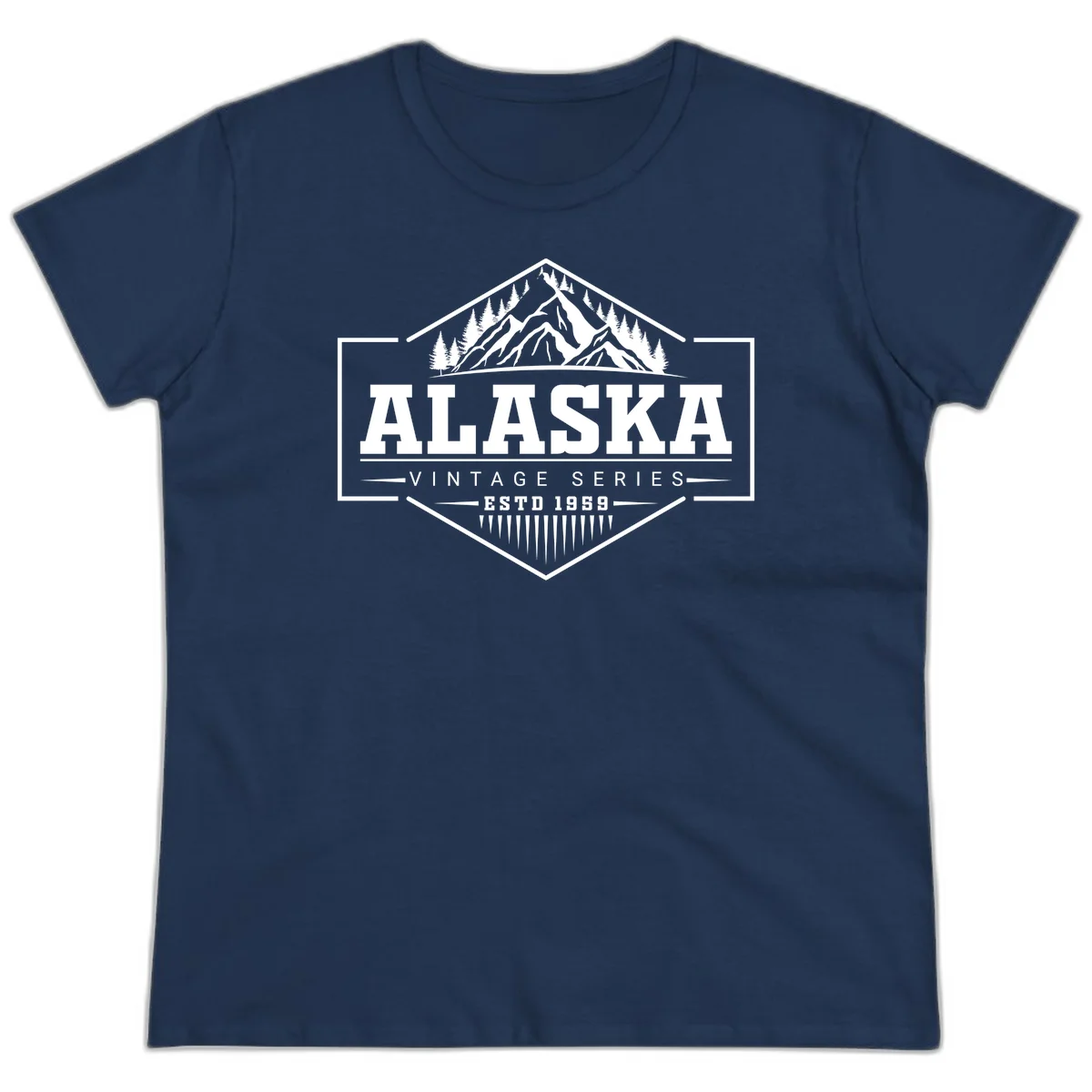 Alaska vintage mountain badge design with snow peaks, evergreen trees, and retro hexagonal patch styling in Navy