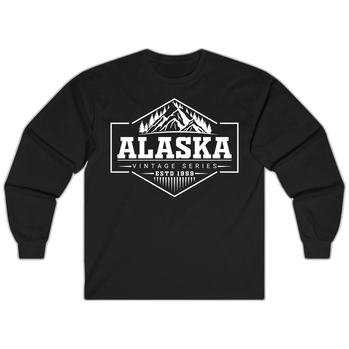 Alaska vintage mountain badge design with snow peaks, evergreen trees, and retro hexagonal patch styling in Black