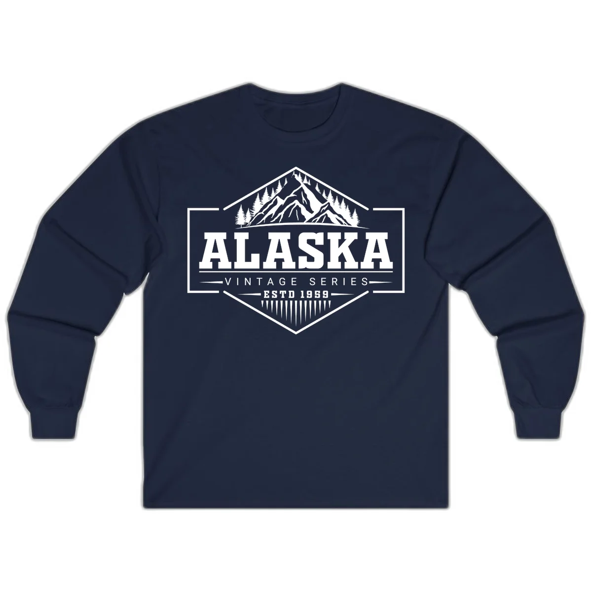 Alaska vintage mountain badge design with snow peaks, evergreen trees, and retro hexagonal patch styling in Navy