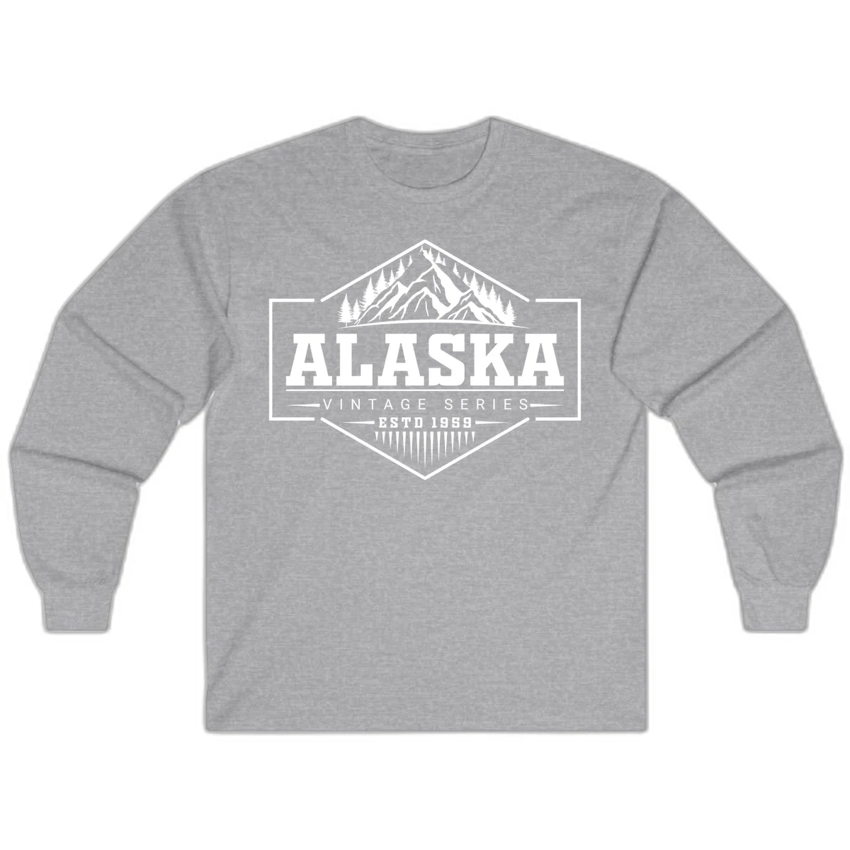 Alaska vintage mountain badge design with snow peaks, evergreen trees, and retro hexagonal patch styling in Sport Grey