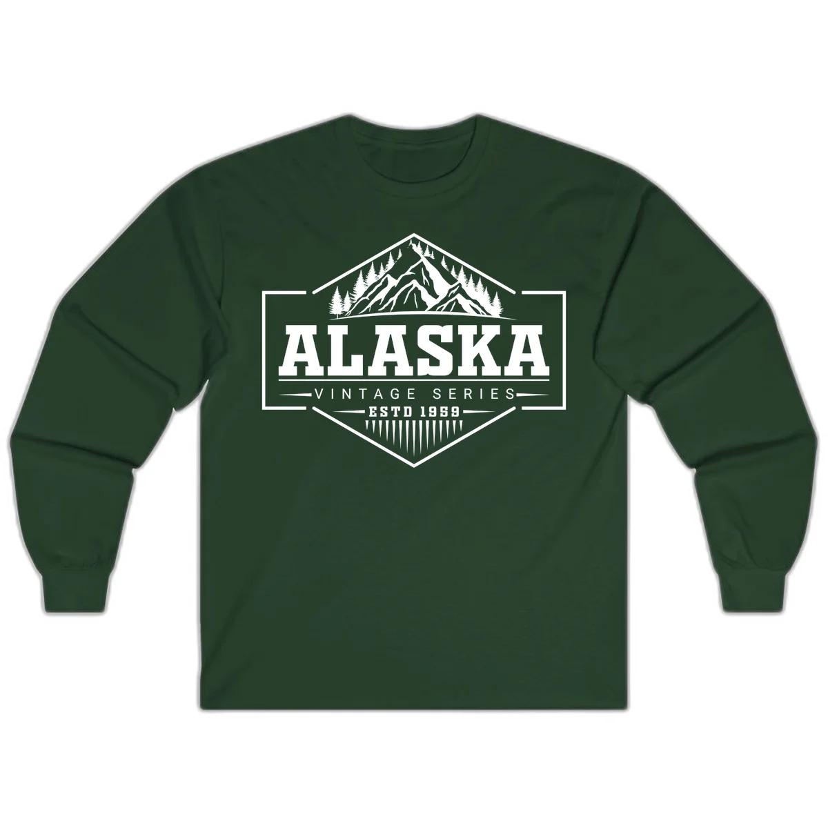 Alaska vintage mountain badge design with snow peaks, evergreen trees, and retro hexagonal patch styling in Forest Green