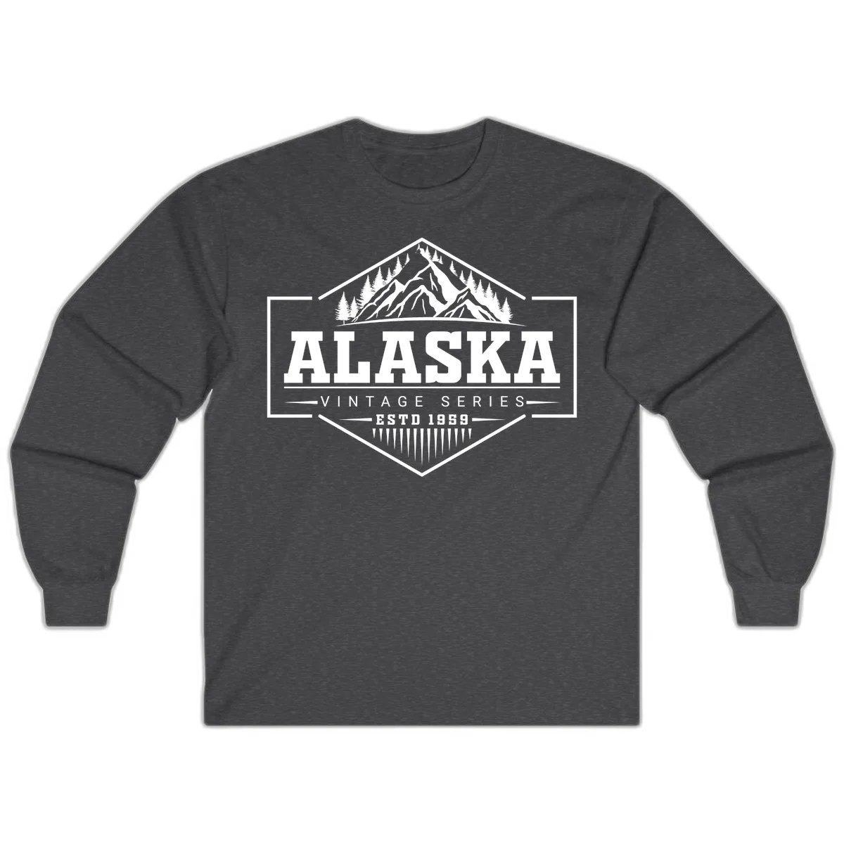 Alaska vintage mountain badge design with snow peaks, evergreen trees, and retro hexagonal patch styling in Dark Heather
