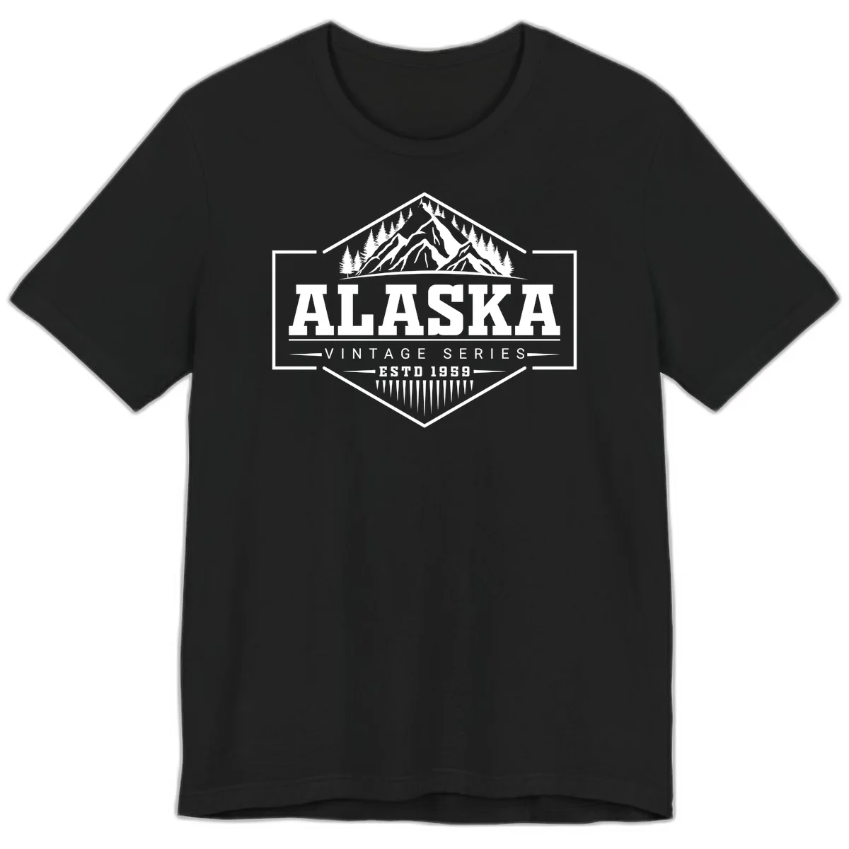Alaska vintage mountain badge design with snow peaks, evergreen trees, and retro hexagonal patch styling in Black
