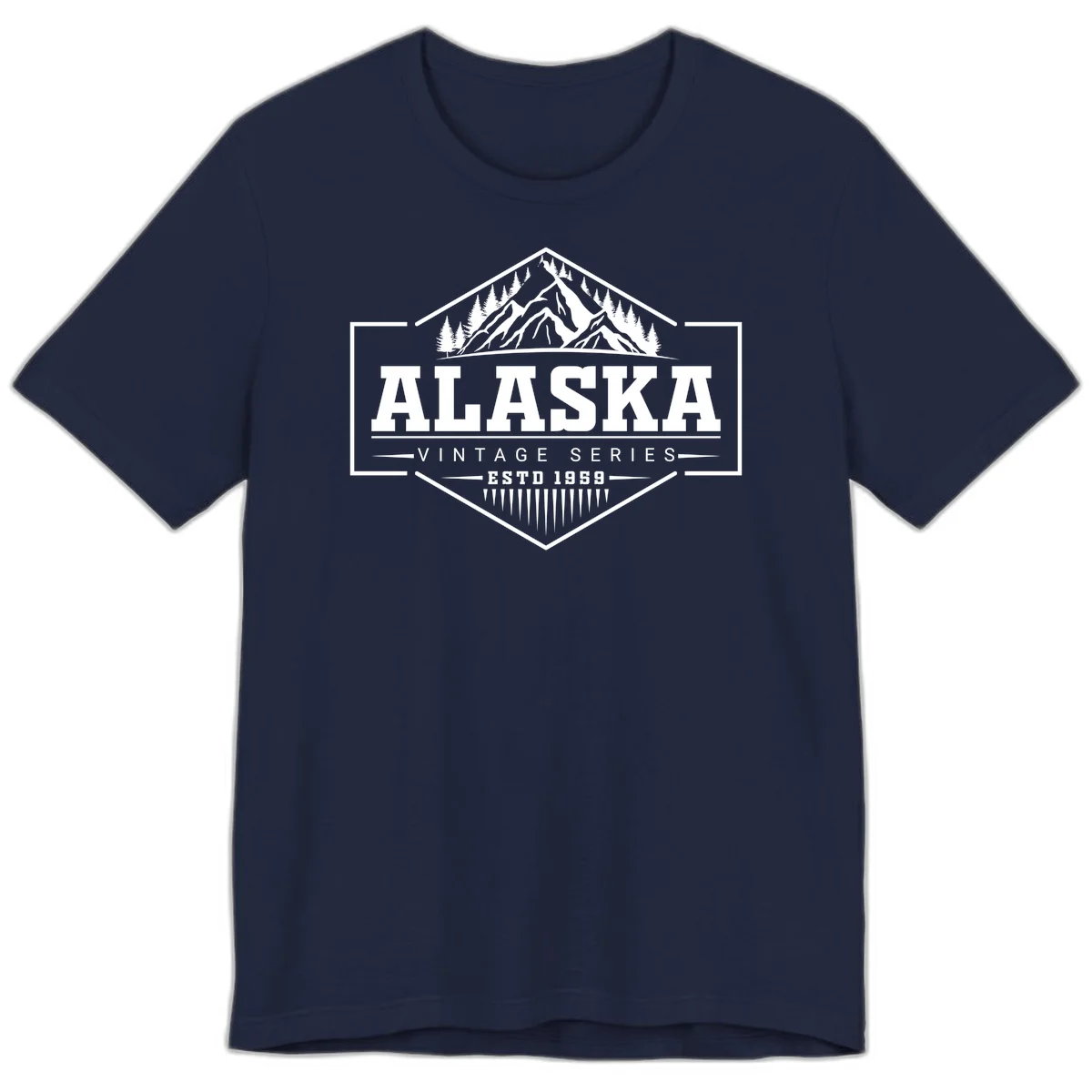 Alaska vintage mountain badge design with snow peaks, evergreen trees, and retro hexagonal patch styling in Navy