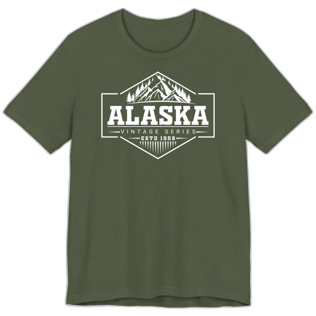 Alaska vintage mountain badge design with snow peaks, evergreen trees, and retro hexagonal patch styling in Military Green
