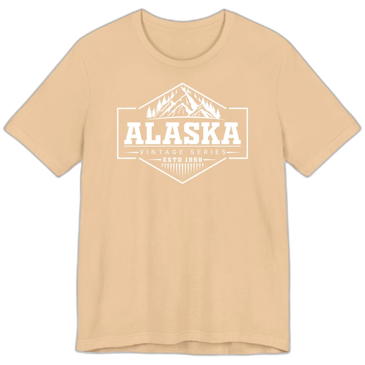 Alaska vintage mountain badge design with snow peaks, evergreen trees, and retro hexagonal patch styling in Sand Dune