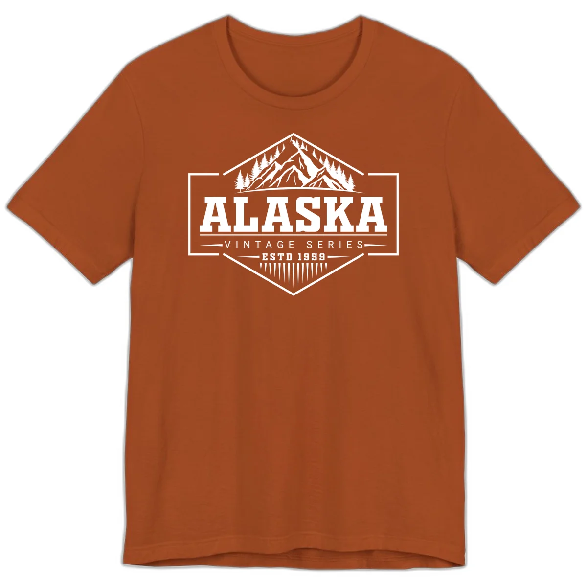 Alaska vintage mountain badge design with snow peaks, evergreen trees, and retro hexagonal patch styling in Autumn