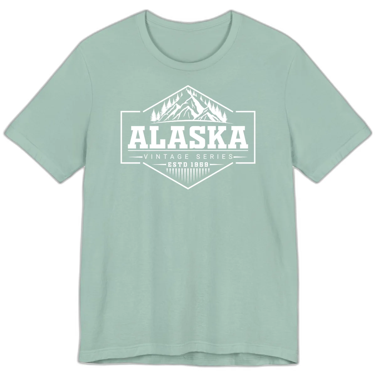 Alaska vintage mountain badge design with snow peaks, evergreen trees, and retro hexagonal patch styling in Dusty Blue