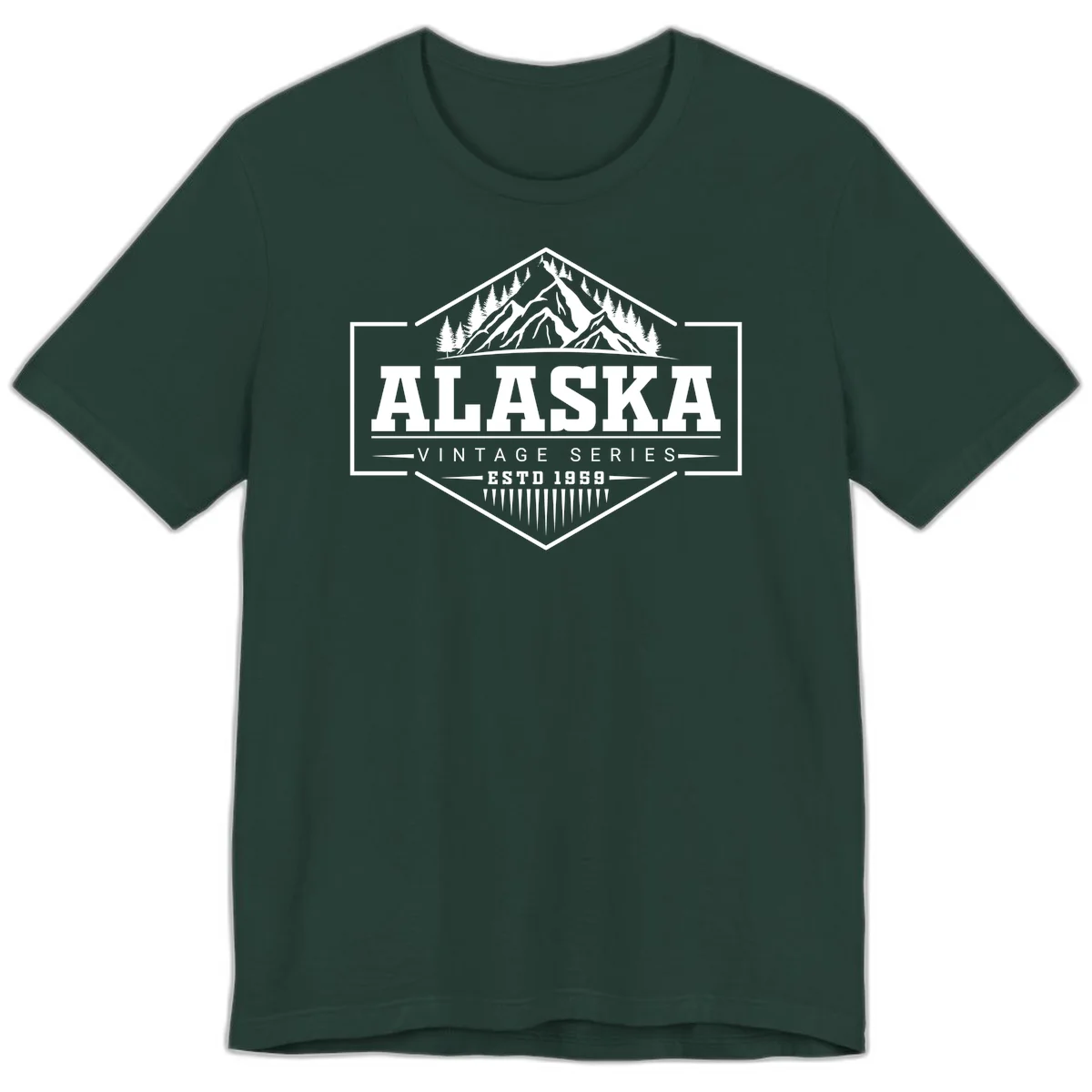 Alaska vintage mountain badge design with snow peaks, evergreen trees, and retro hexagonal patch styling in Forest