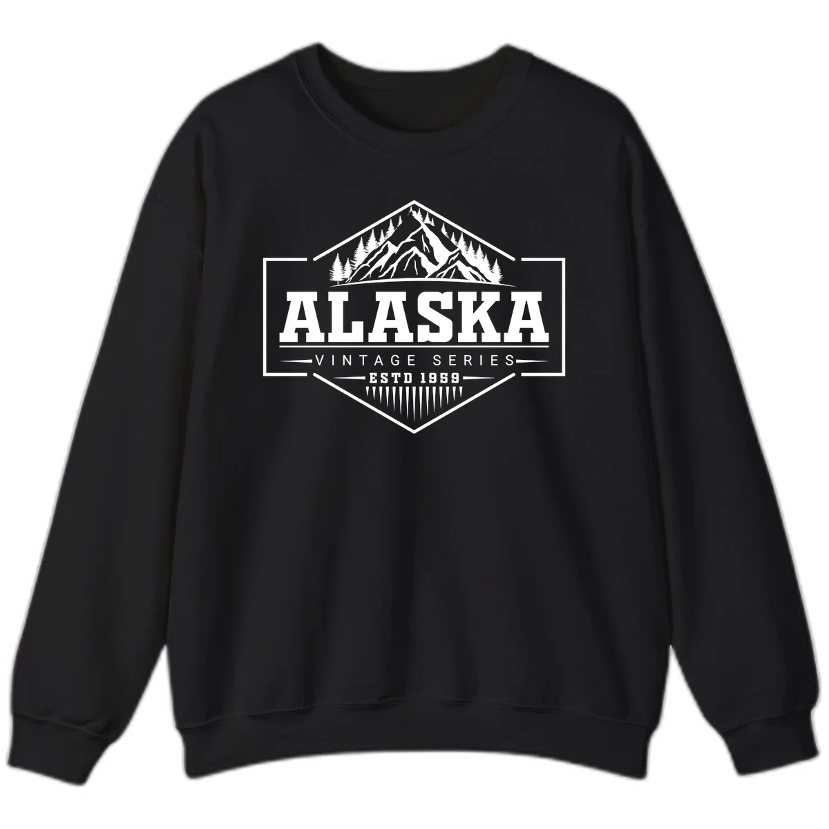 Alaska vintage mountain badge design with snow peaks, evergreen trees, and retro hexagonal patch styling in Black