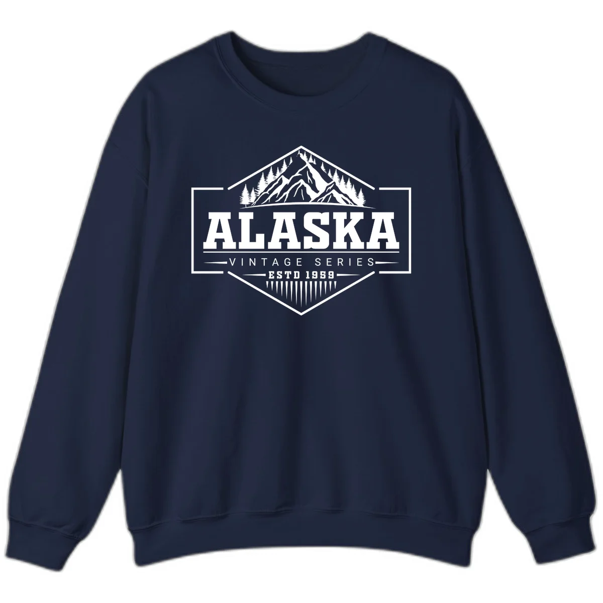 Alaska vintage mountain badge design with snow peaks, evergreen trees, and retro hexagonal patch styling in Navy