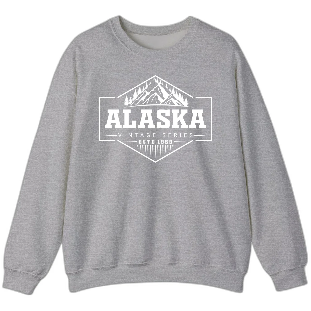 Alaska vintage mountain badge design with snow peaks, evergreen trees, and retro hexagonal patch styling in Sport Grey