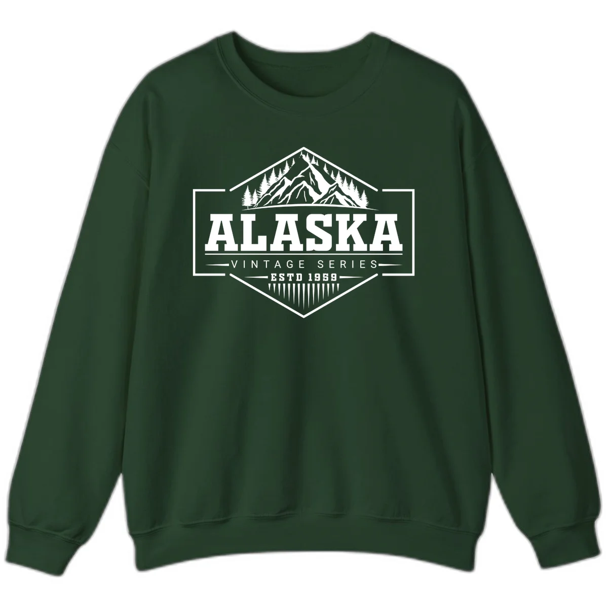 Alaska vintage mountain badge design with snow peaks, evergreen trees, and retro hexagonal patch styling in Forest Green