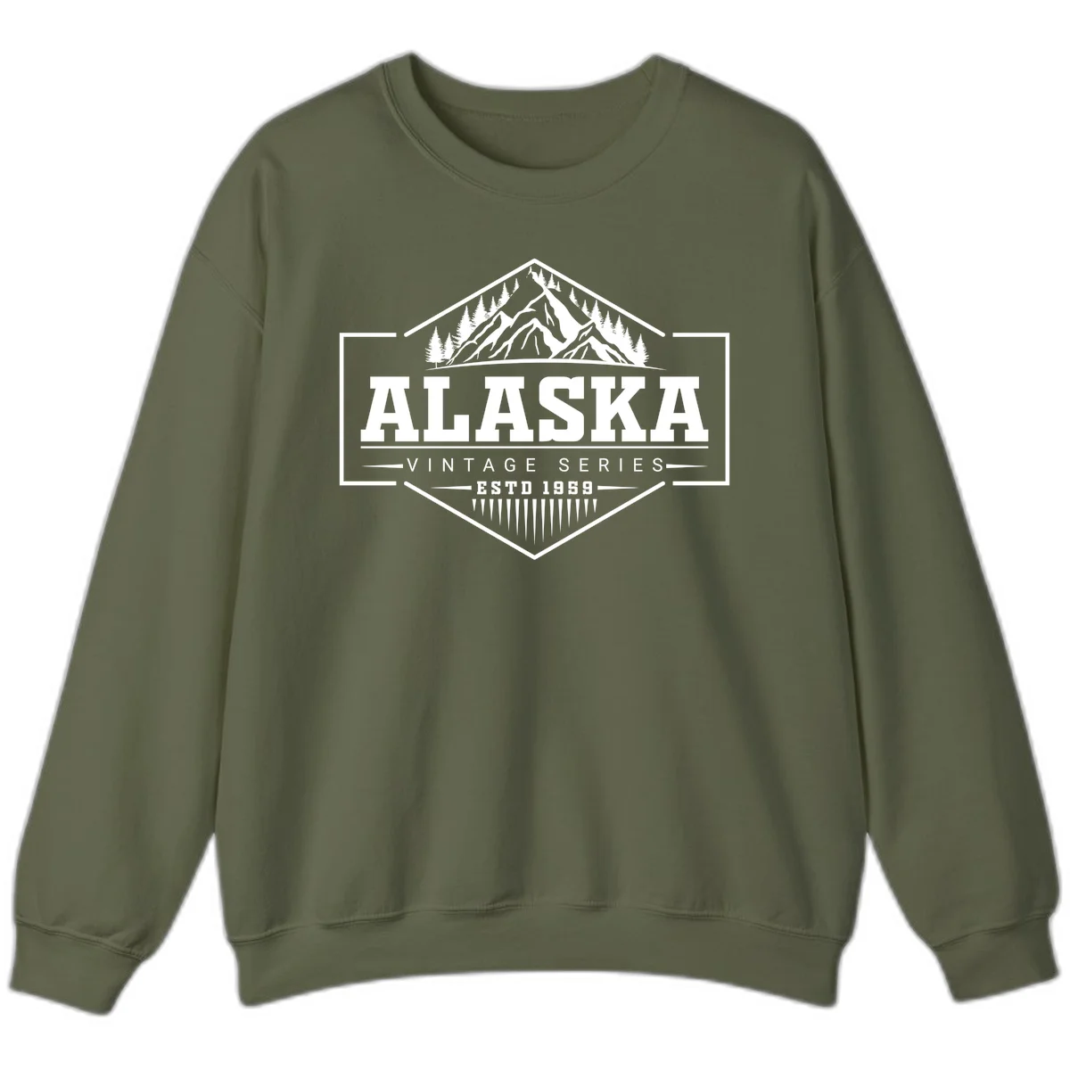 Alaska vintage mountain badge design with snow peaks, evergreen trees, and retro hexagonal patch styling in Military Green
