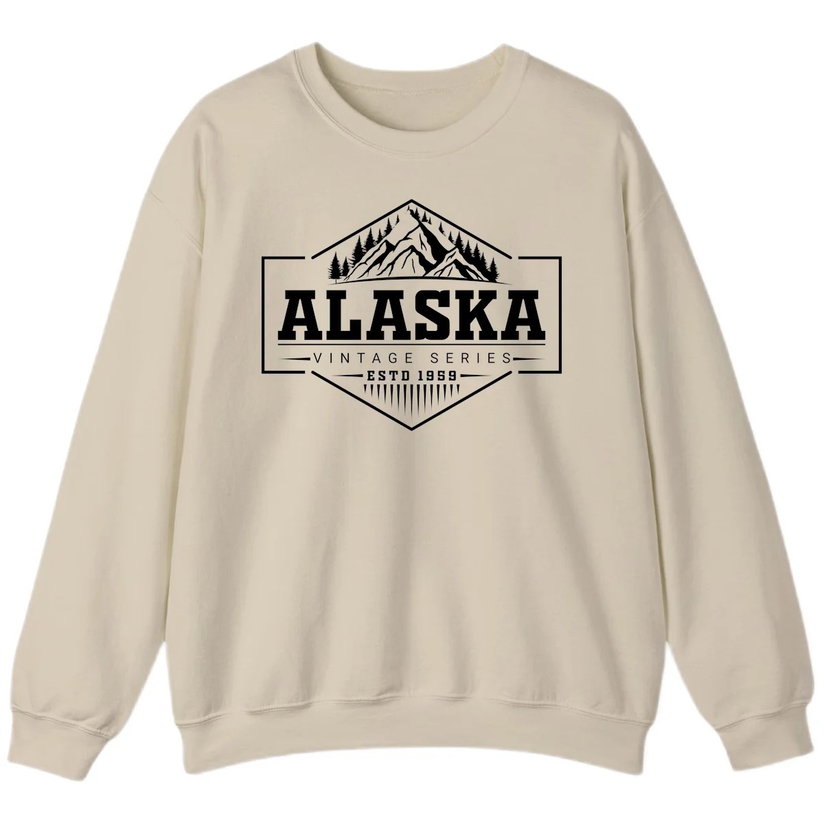 Alaska vintage mountain badge design with snow peaks, evergreen trees, and retro hexagonal patch styling in Sand