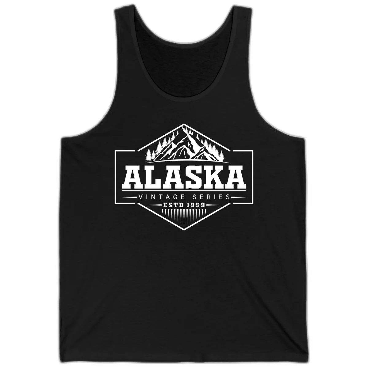 Alaska vintage mountain badge design with snow peaks, evergreen trees, and retro hexagonal patch styling in Black