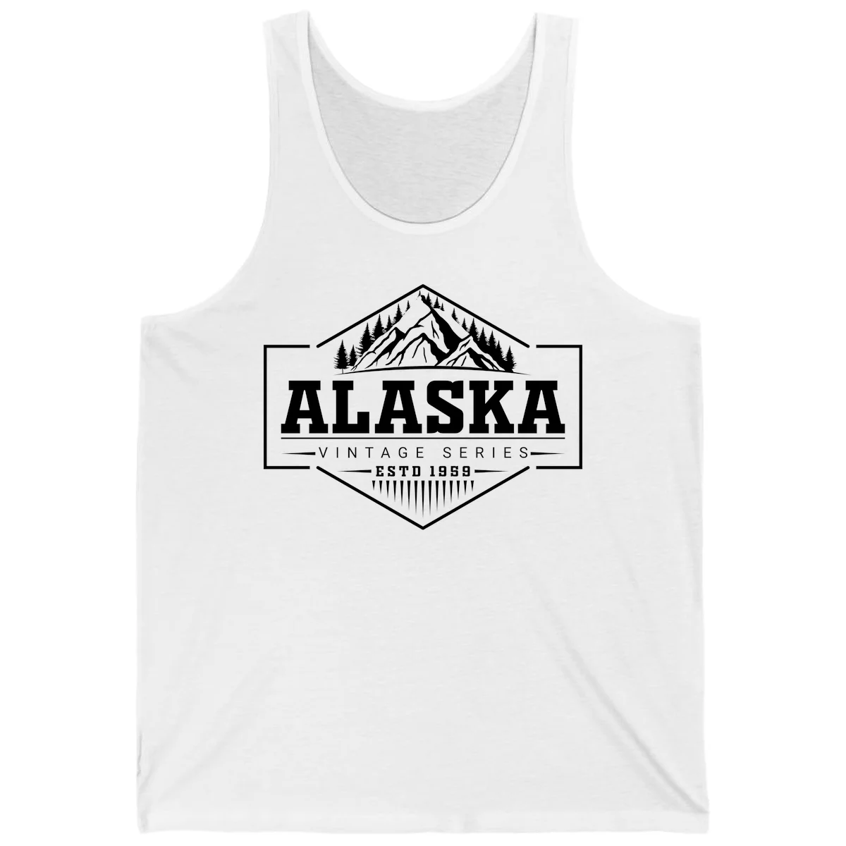 Alaska vintage mountain badge design with snow peaks, evergreen trees, and retro hexagonal patch styling in White