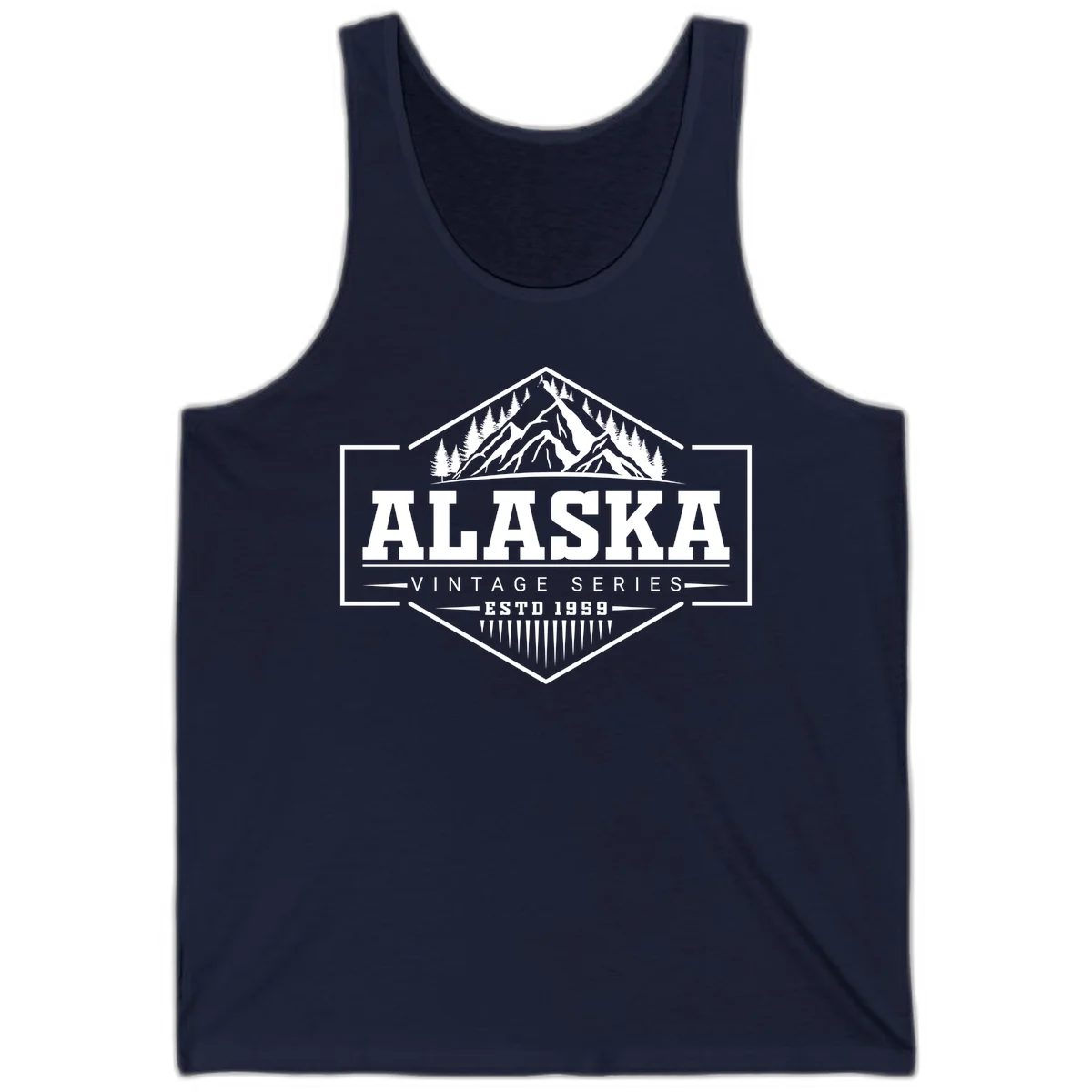 Alaska vintage mountain badge design with snow peaks, evergreen trees, and retro hexagonal patch styling in Navy