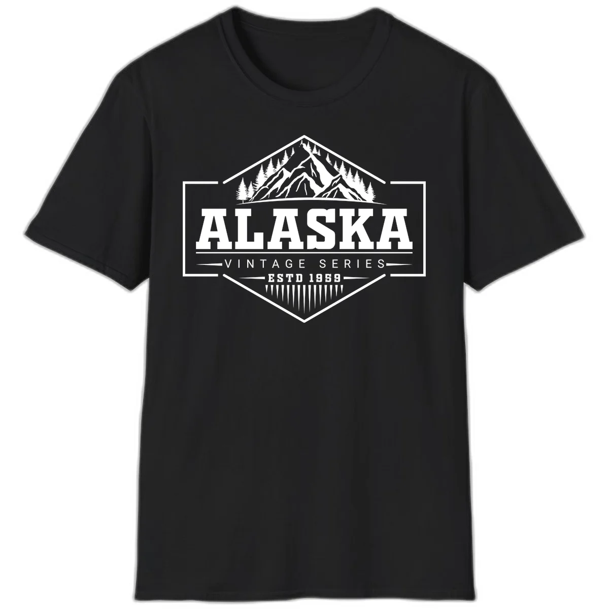 Alaska vintage mountain badge design with snow peaks, evergreen trees, and retro hexagonal patch styling in Black