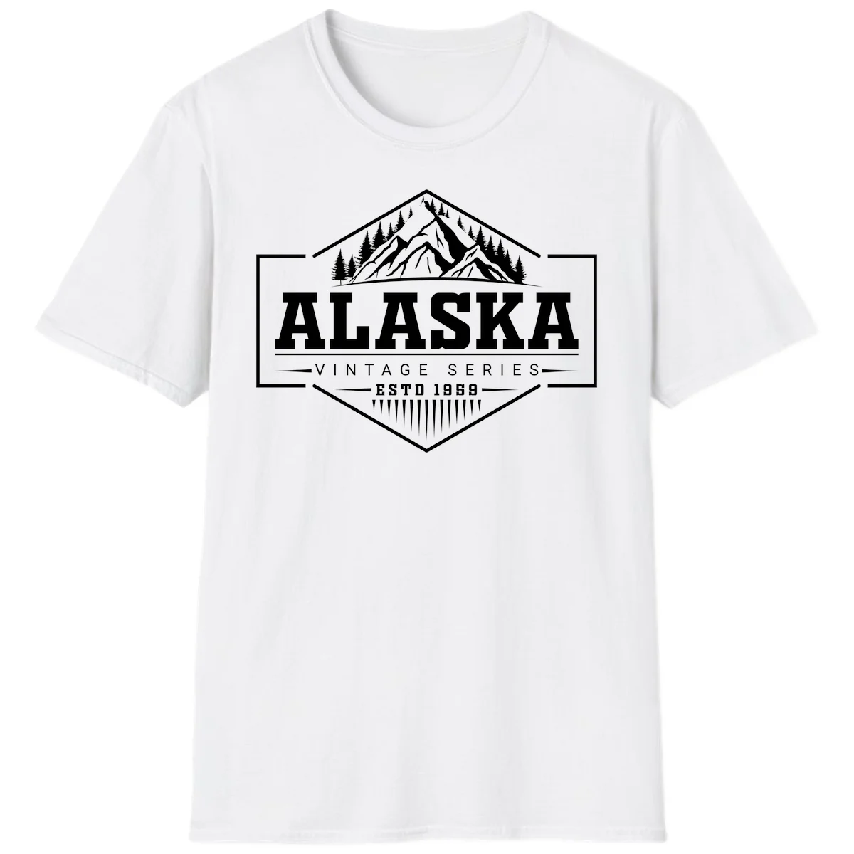 Alaska vintage mountain badge design with snow peaks, evergreen trees, and retro hexagonal patch styling in White
