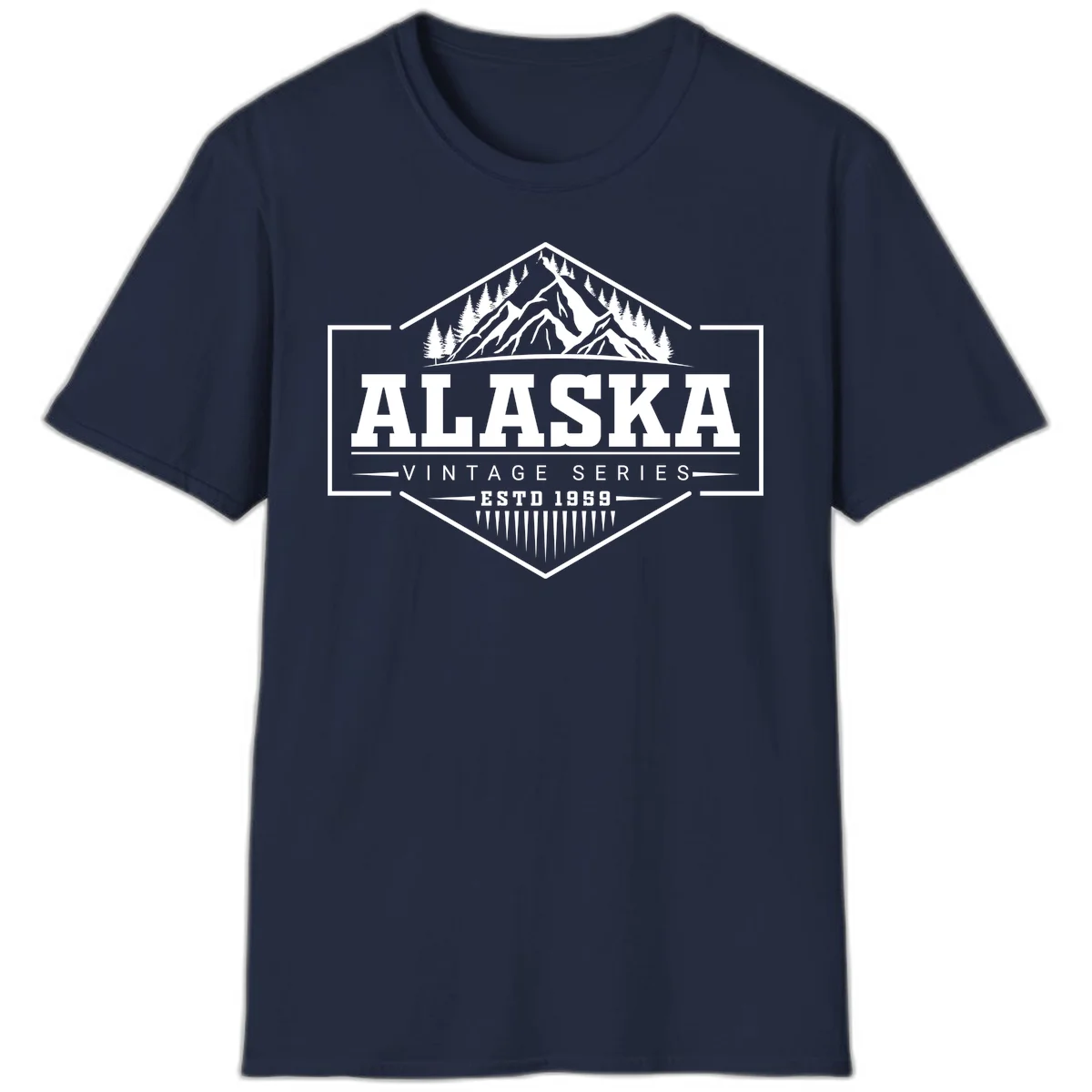 Alaska vintage mountain badge design with snow peaks, evergreen trees, and retro hexagonal patch styling in Navy