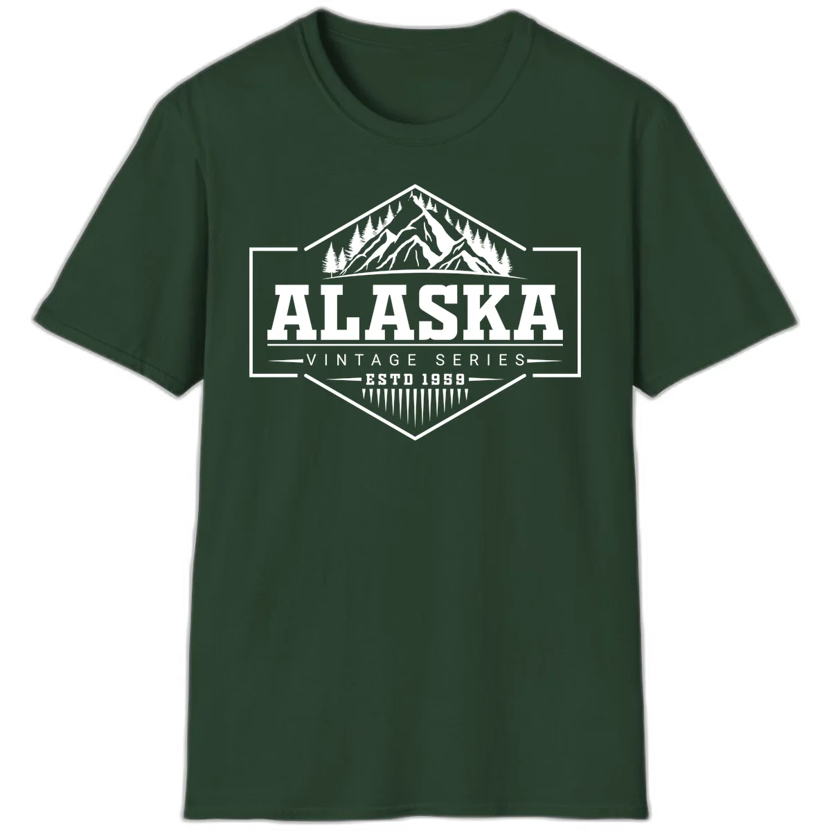 Alaska vintage mountain badge design with snow peaks, evergreen trees, and retro hexagonal patch styling in Forest Green