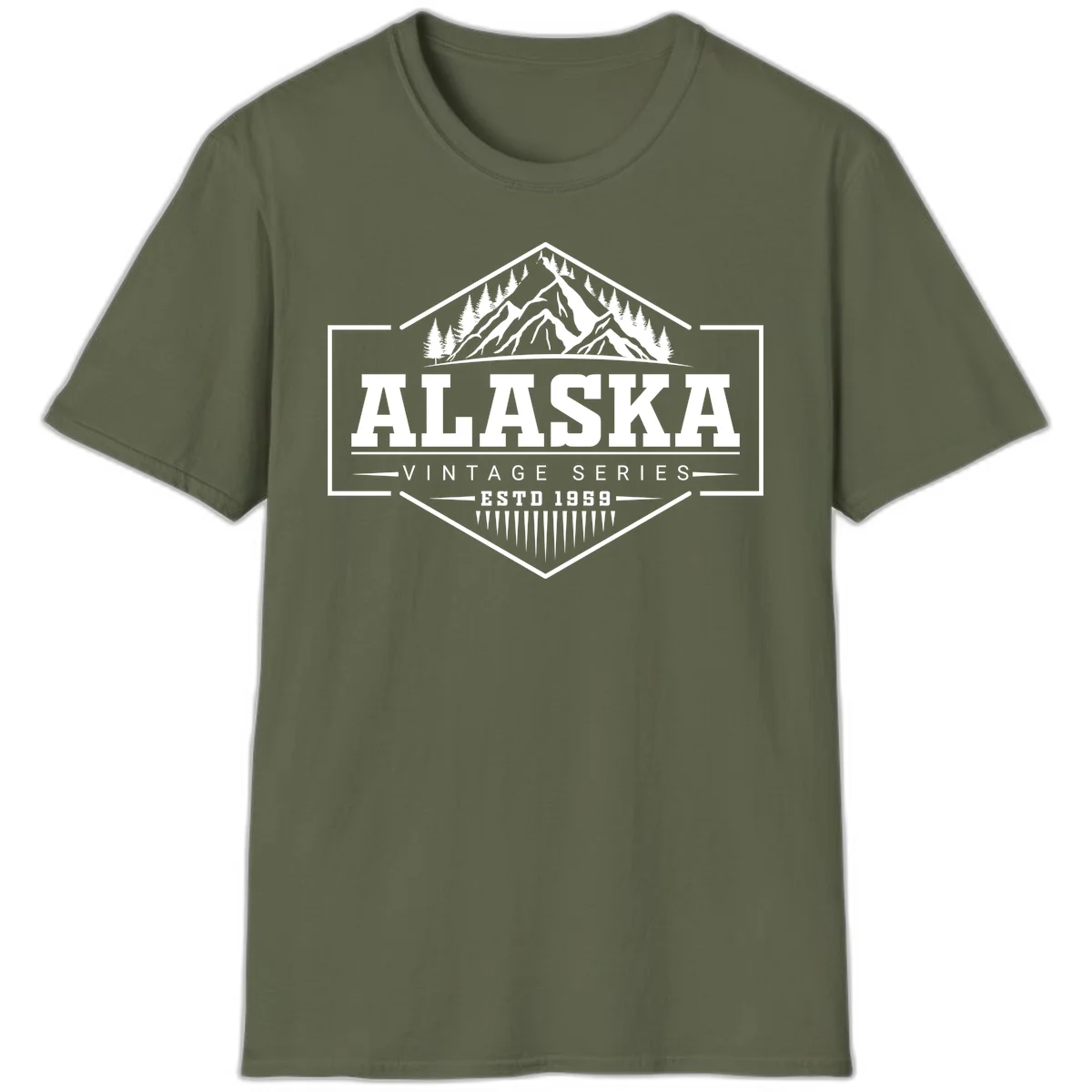 Alaska vintage mountain badge design with snow peaks, evergreen trees, and retro hexagonal patch styling in Military Green