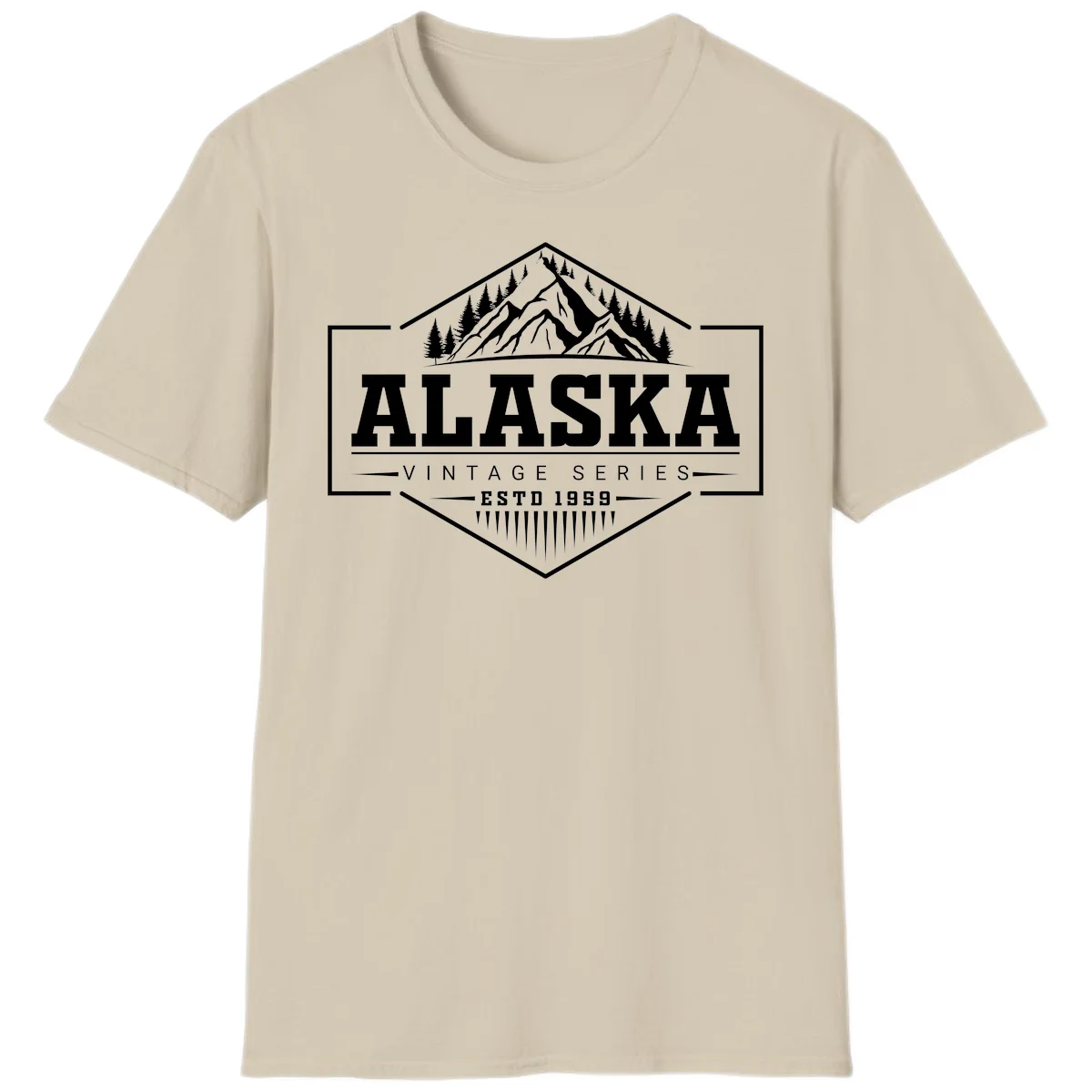 Alaska vintage mountain badge design with snow peaks, evergreen trees, and retro hexagonal patch styling in Sand