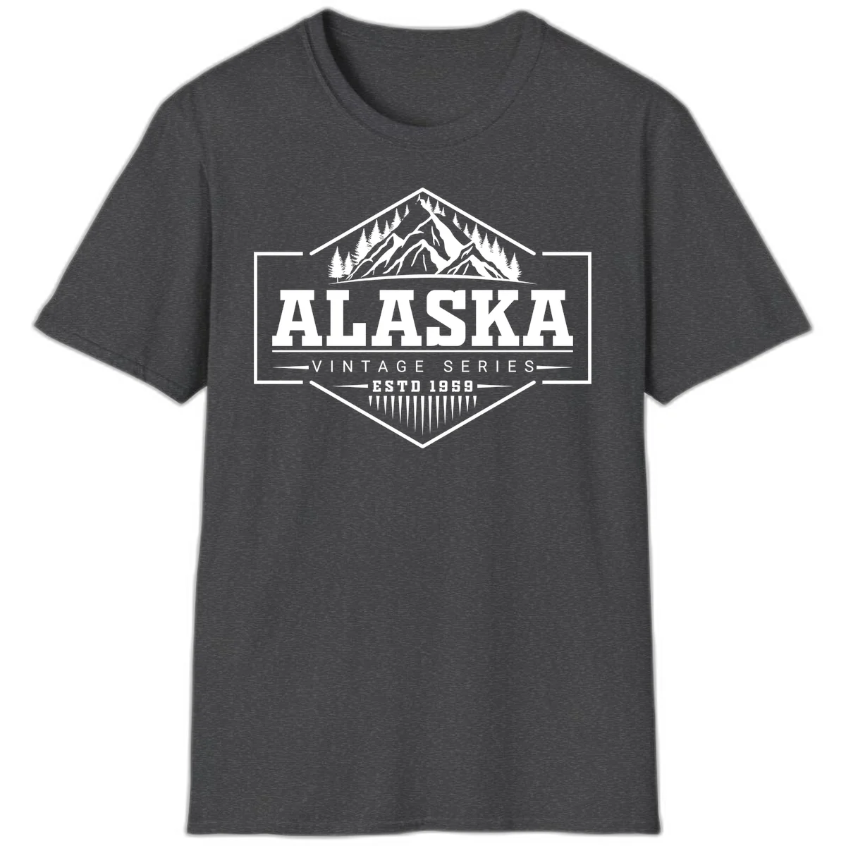 Alaska vintage mountain badge design with snow peaks, evergreen trees, and retro hexagonal patch styling in Dark Heather