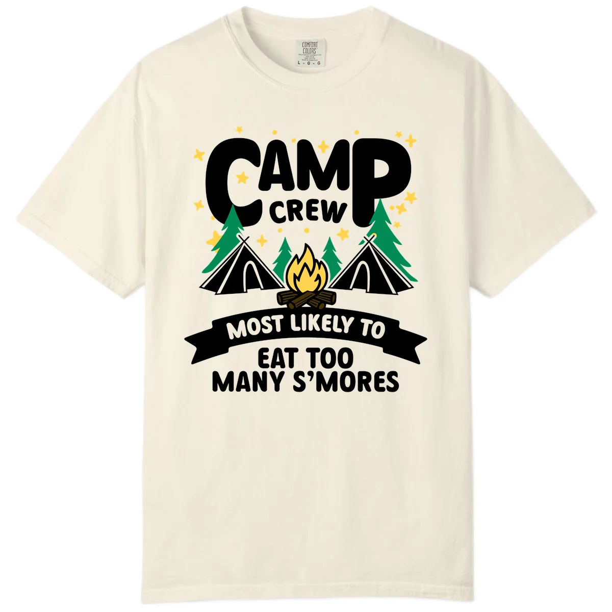 Camp crew s'mores superlative design with campfire, teepees, and stars on gray background in Ivory