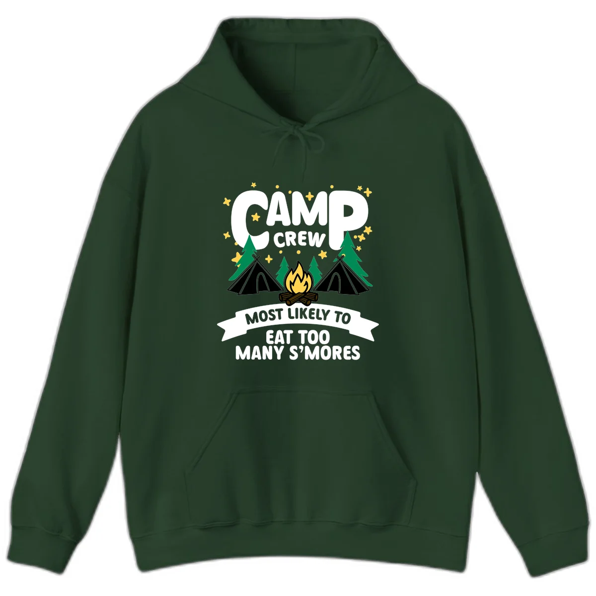 Camp crew s'mores superlative design with campfire, teepees, and stars on gray background in Forest Green