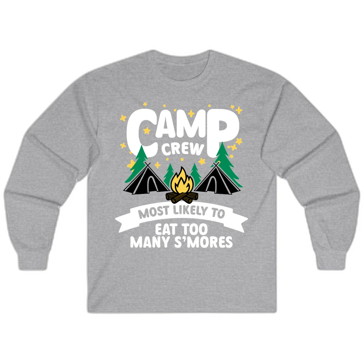 Camp crew s'mores superlative design with campfire, teepees, and stars on gray background in Sport Grey