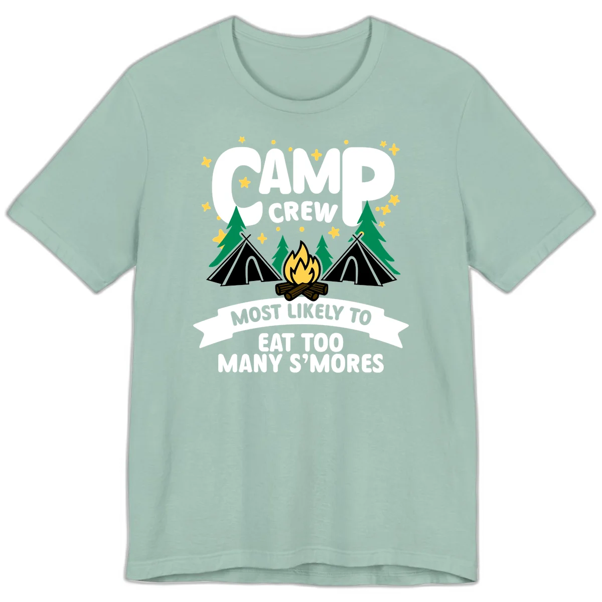 Camp crew s'mores superlative design with campfire, teepees, and stars on gray background in Dusty Blue