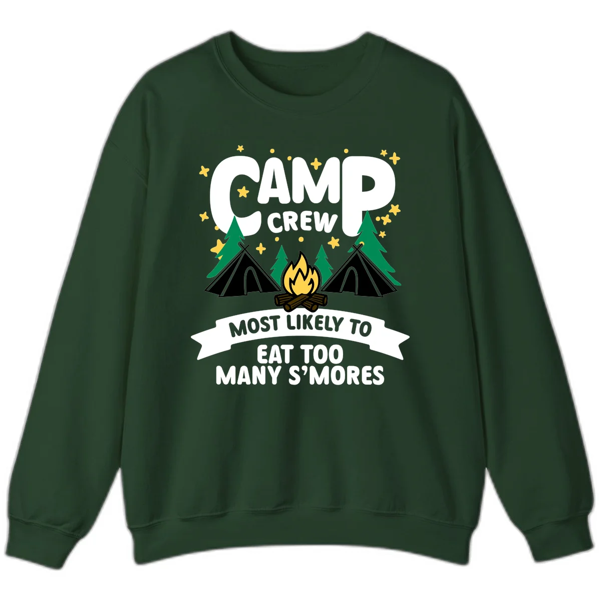 Camp crew s'mores superlative design with campfire, teepees, and stars on gray background in Forest Green