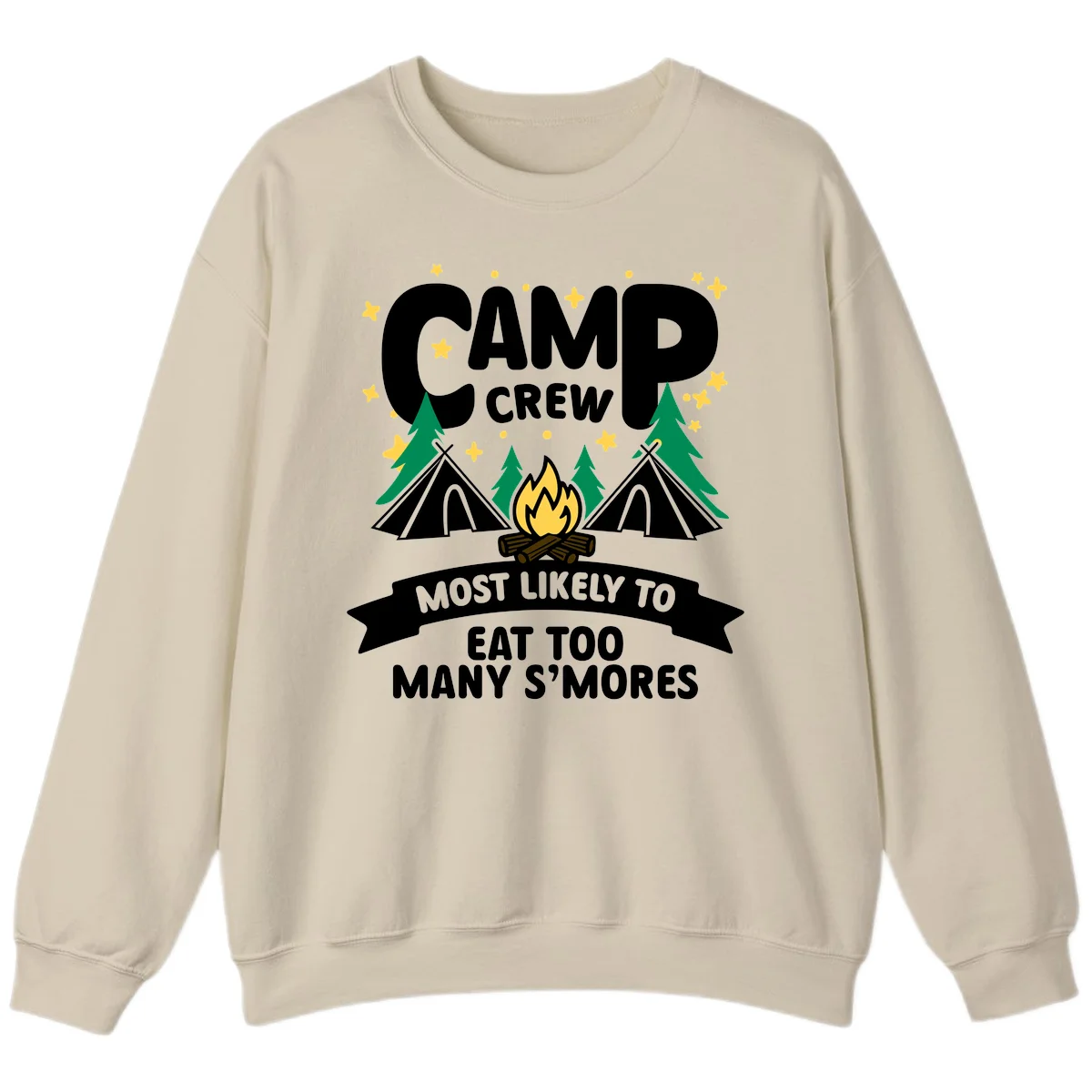 Camp crew s'mores superlative design with campfire, teepees, and stars on gray background in Sand