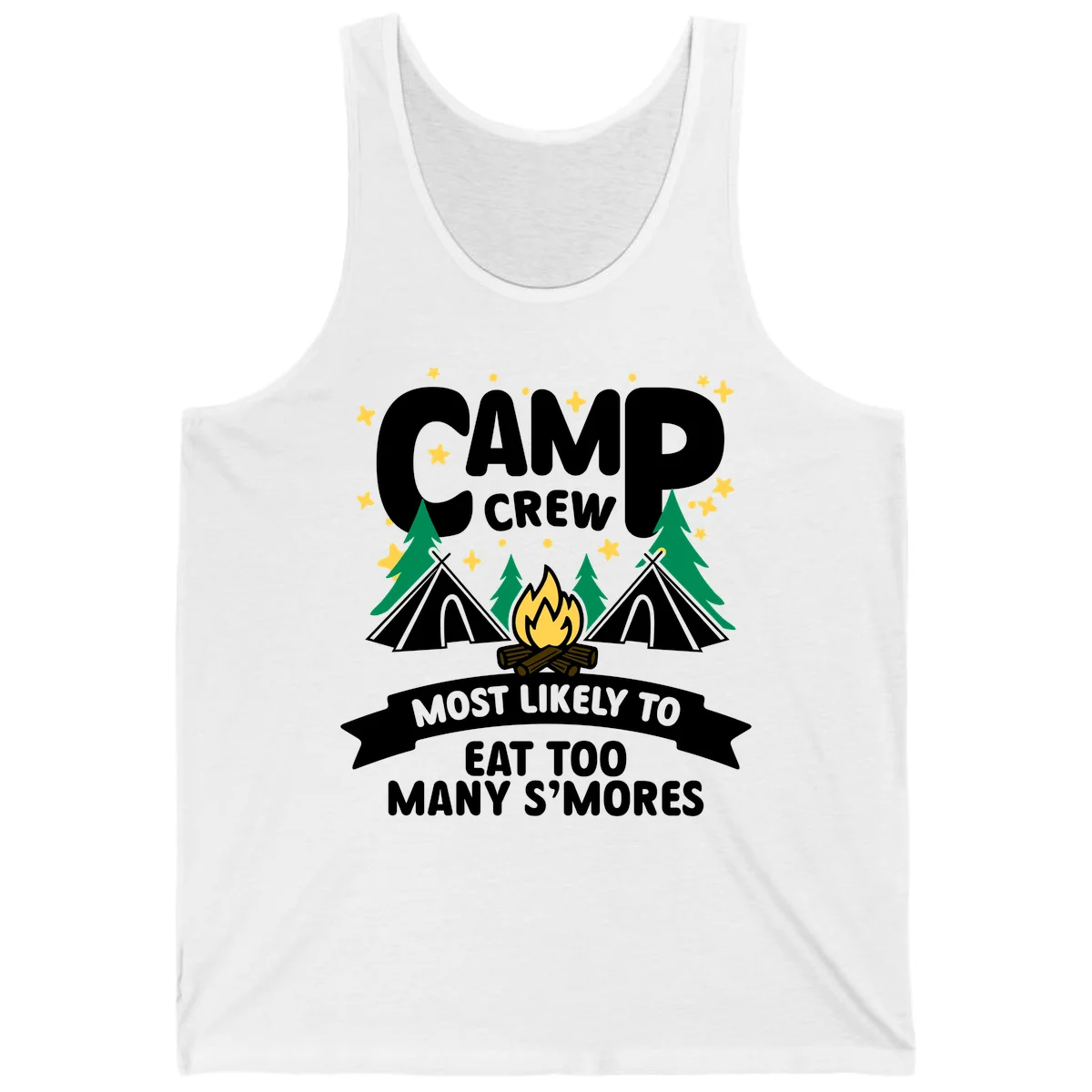 Camp crew s'mores superlative design with campfire, teepees, and stars on gray background in White