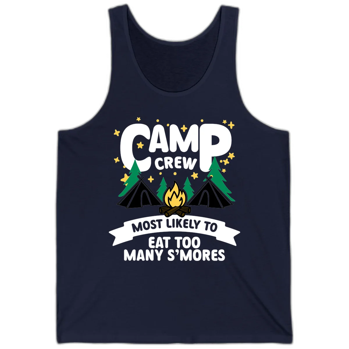 Camp crew s'mores superlative design with campfire, teepees, and stars on gray background in Navy