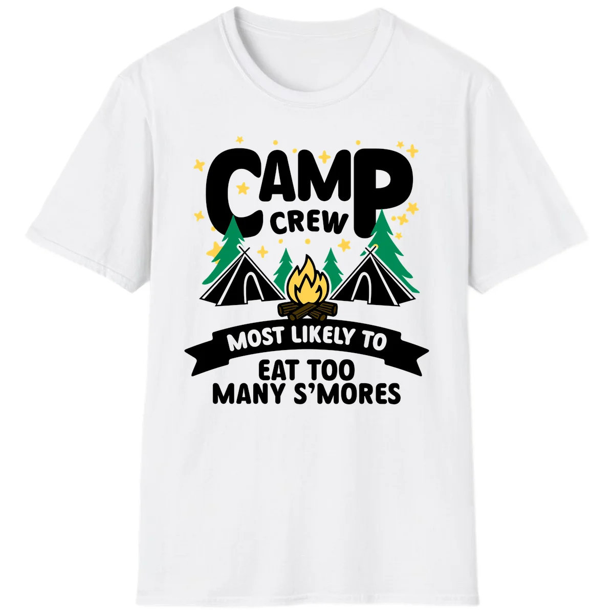 Camp crew s'mores superlative design with campfire, teepees, and stars on gray background in White