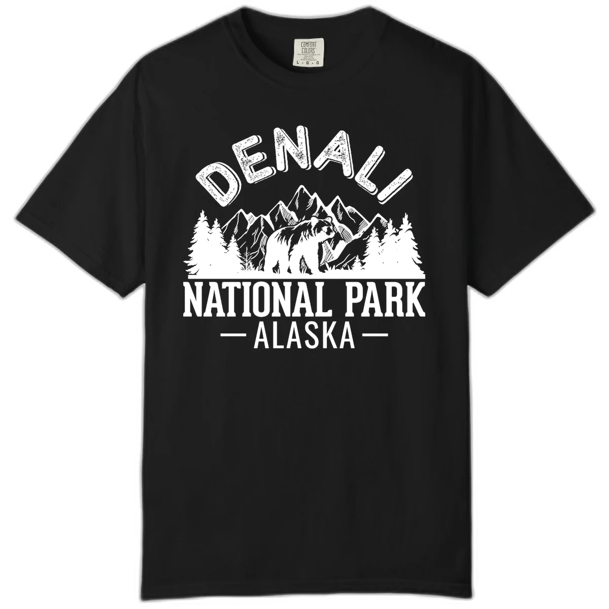 Denali National Park bear design with mountains, evergreen trees, and distressed white text on gray background in Black